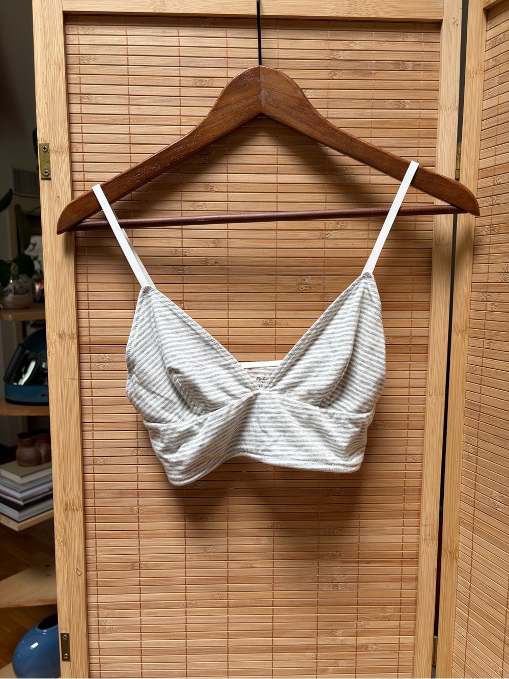 Madewell Striped Knit Twist-Front Bralette in Light Gray & White